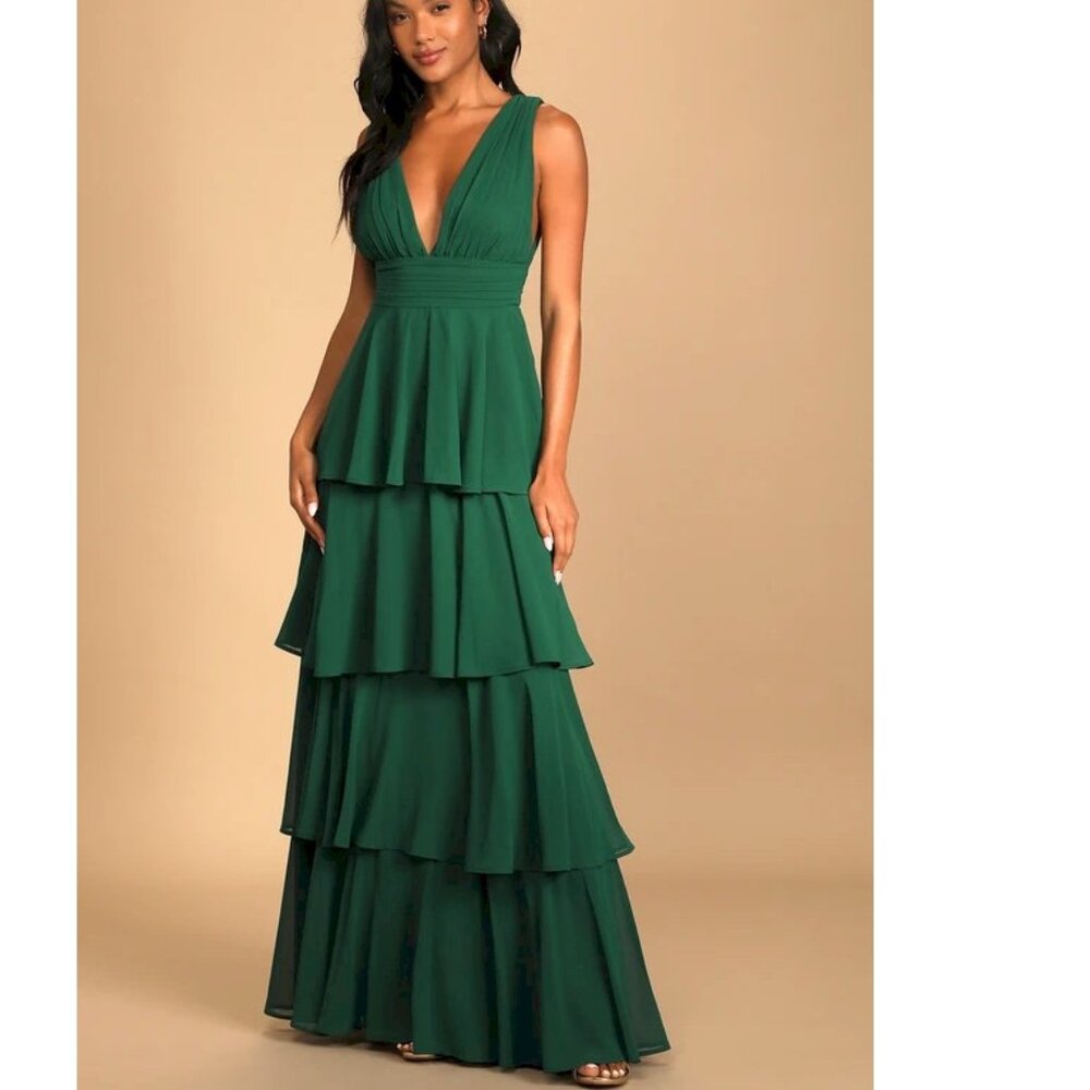 Lulus Amazing Evening Hunter Green Tiered Maxi Dress XL